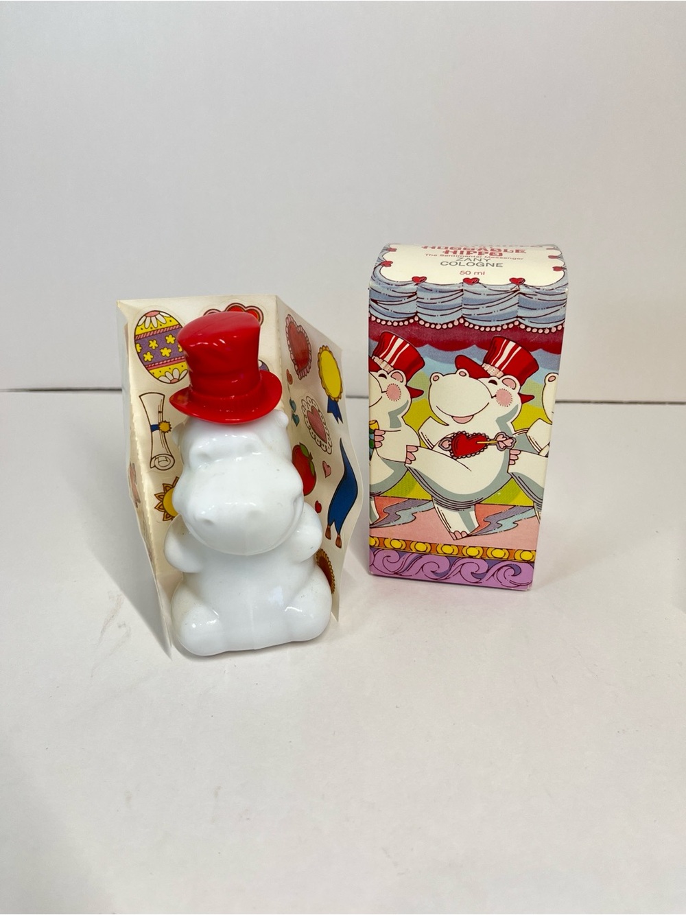 Vintage AVON Huggable Hippo Zany Cologne Decal Sheet With Box Milk Glass Top Hat